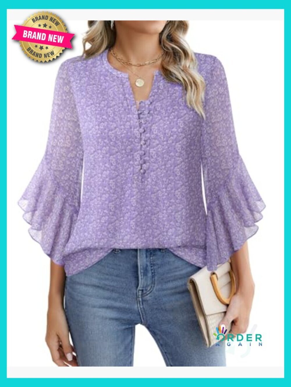 Floral V-Neck Button Down Blouse 3/4 Ruffle Sleeve Chic Casual Elegant Top - Picture 2 of 7